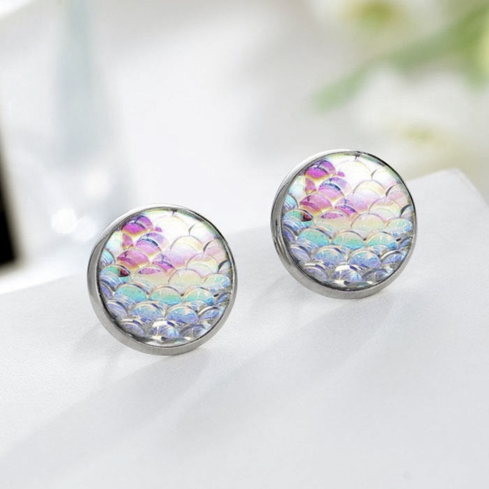 Iridescent Mermaid Button Stud Earrings - Picture 4 of 8
